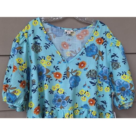 a.n.a. Tiered Short Cottage Dress 100% Cotton Floral Turquoise Blue Orange Sz 2X - Picture 6 of 12